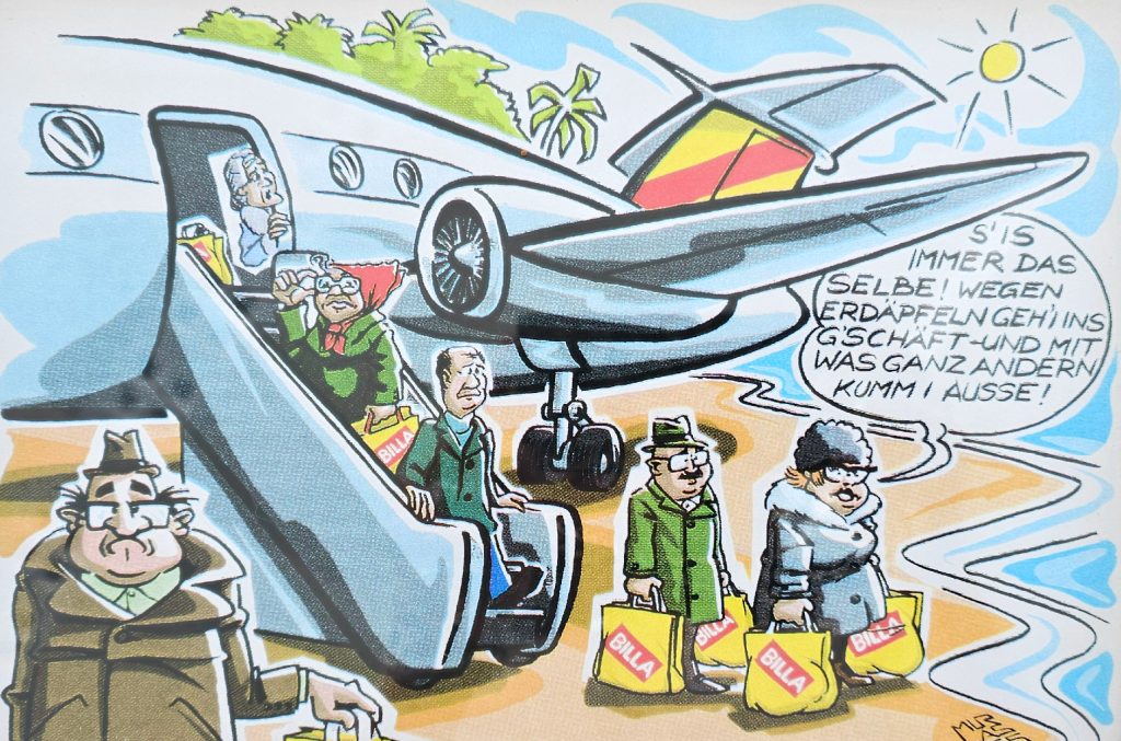 Ein Flugzeug, aus dem in einem exotischen Land Fluggäste mit BILLA-Einkaufstaschen in der Hand aussteigen