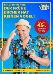 Ein Flugzeug, aus dem in einem exotischen Land Fluggäste mit BILLA-Einkaufstaschen in der Hand aussteigen