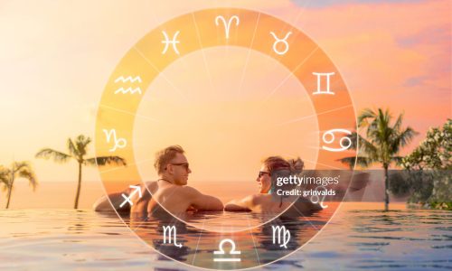Conceptual photo of happy couple with perfect astrological match and love compatibility between zodiac signs
